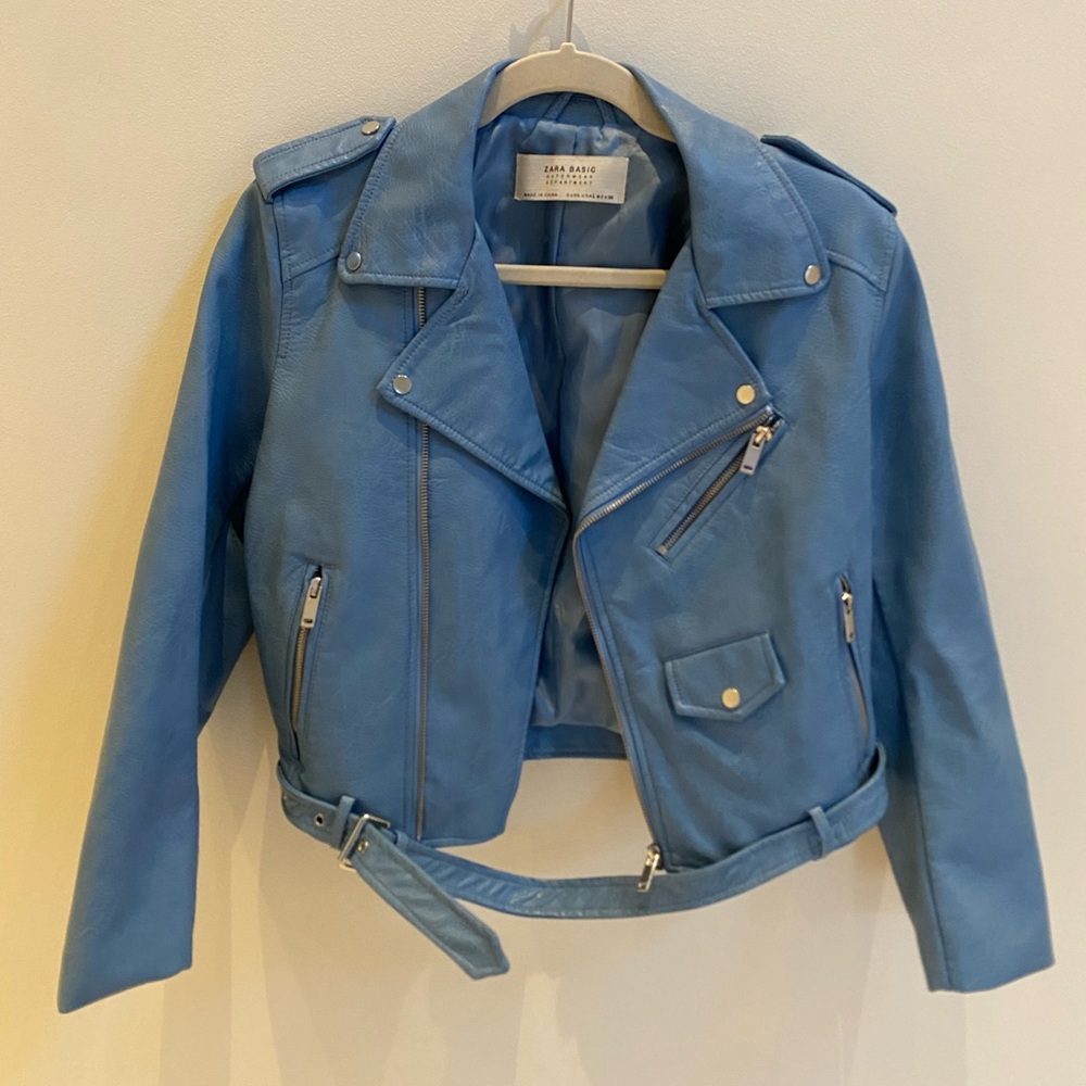 NWOT | ZARA | Faux Leather Motorcycle Jacket | Light Blue | Size L